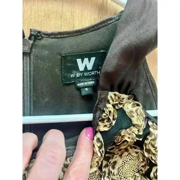 W by Worth Brown Dress with Leopard Details + Gold Sequins, Sleeveless, Size 4 - Picture 2 of 8